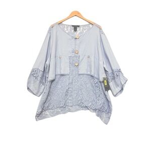 Ali Miles Womens Top Tunic 3X Blue Layered Lace Linen Button Lagenlook Artsy NEW